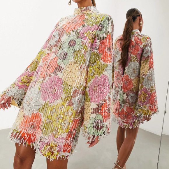 ISO ASOS EDITION bright floral print and sequin high neck mini dress with fringe - Picture 1 of 1